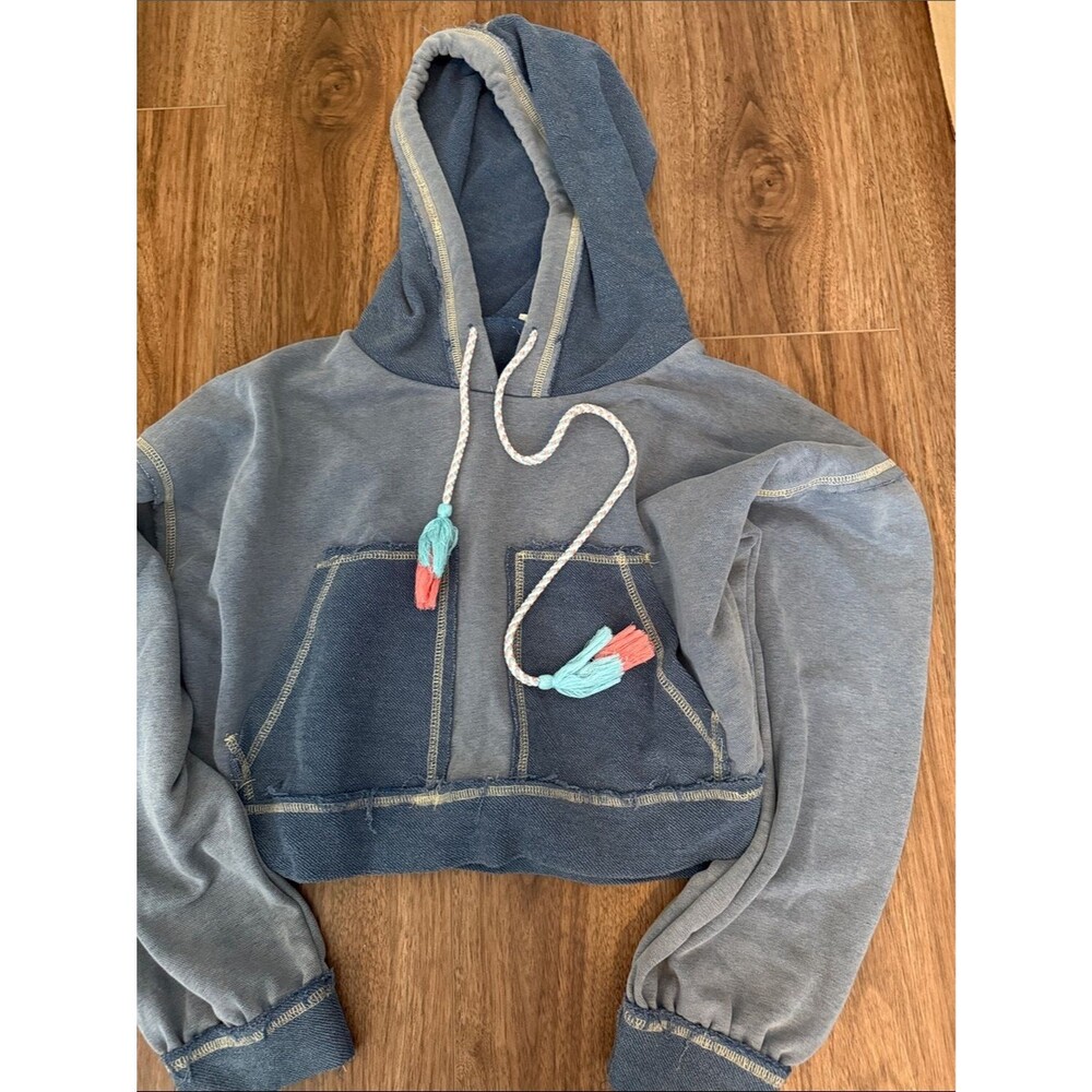 Cozy POL Two-Tone Blue Hooded Pullover with Tassels